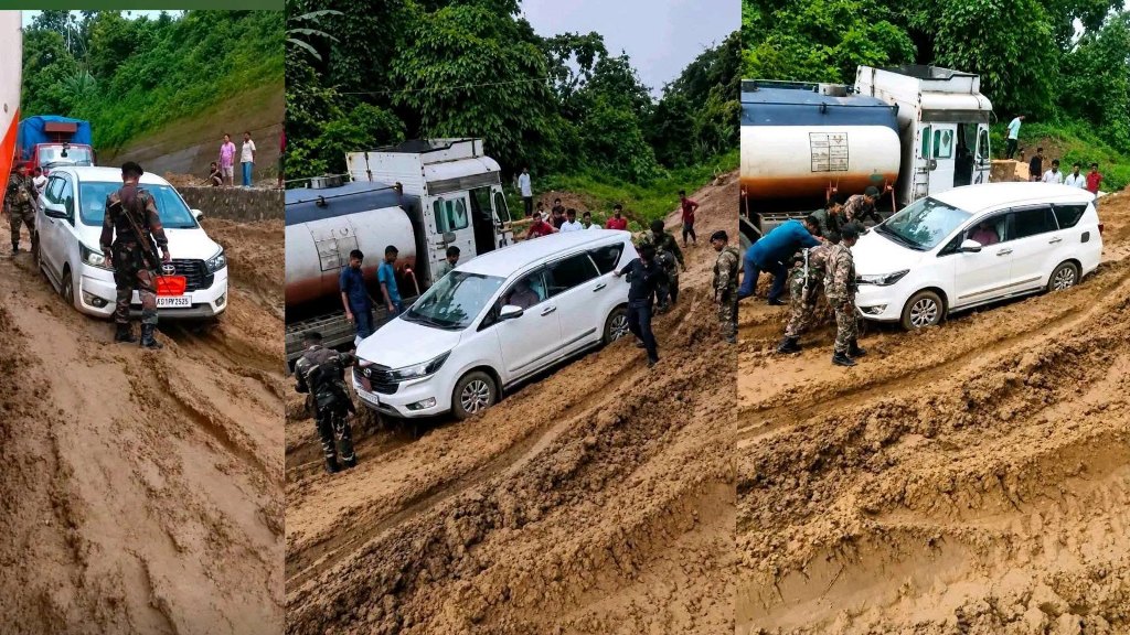 বেহাল জাতীয় সড়কে এবার আটকে পড়ে মন্ত্রীর গাড়ি